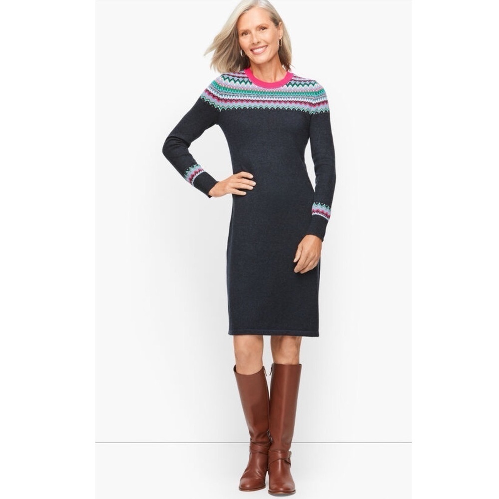 Talbots Petite Fair Isle Sweater Dress Navy Pink Green Knit Holiday Apres Ski MP